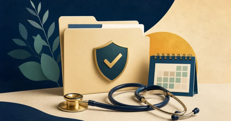 Coverage folder, stethoscope and calendar illustrating health-plan decisions