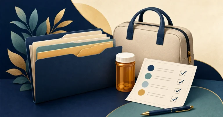 Coverage folders and a checklist illustrating Medicare plan comparison
