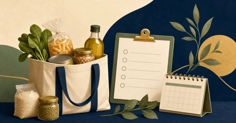 Grocery staples, a checklist and a calendar illustrating SNAP planning