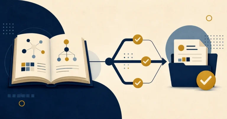 Illustration of a data management reference guide moving through governance checks into an organized evidence folder.