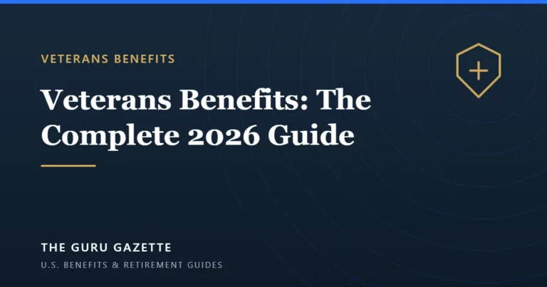 The Guru Gazette cover graphic for the complete 2026 guide to U.S. veterans benefits.